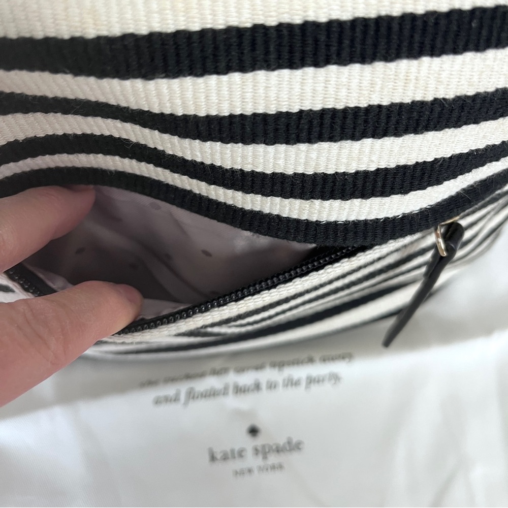 Kate Spade Black White Striped Crossbody Bag Canvas Leather Trim Convertible - Picture 7 of 16